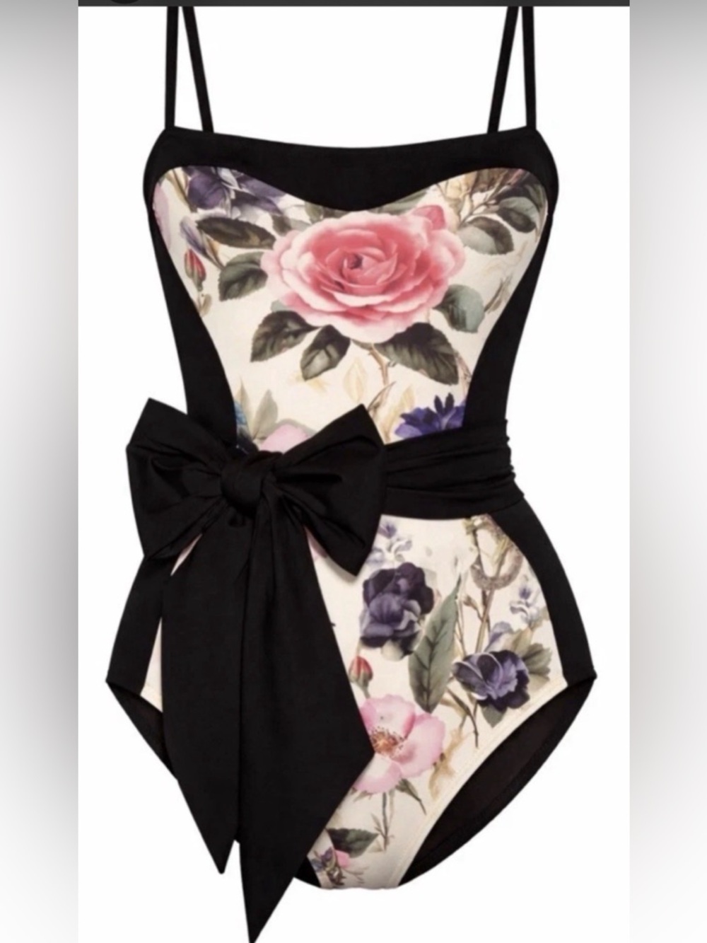 Ta3 TA3315 SASHY FRAME ROSE SNAKE BLACK Floral One-Piece Swimsuit Black Trim NWT